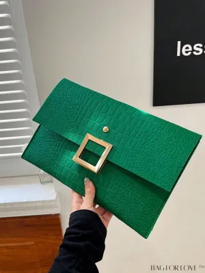 BagForLove - Green Crocodile-Embossed Envelope Bag with Metal Decor - Elegance Redefined