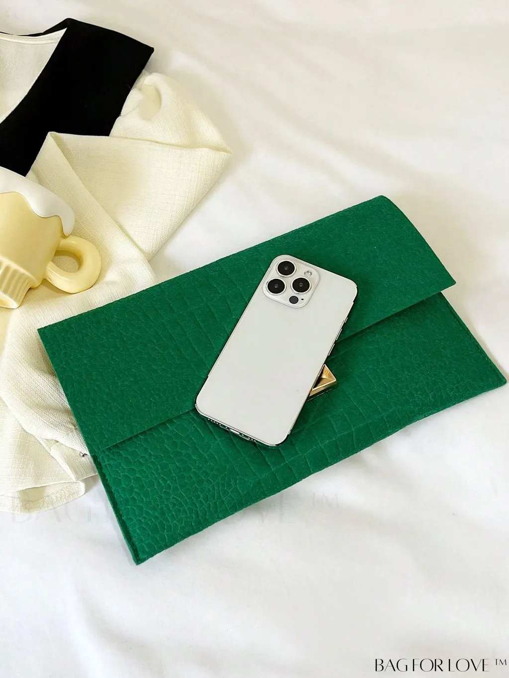 BagForLove - Green Crocodile-Embossed Envelope Bag with Metal Decor - Elegance Redefined