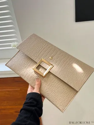 BagForLove - Khaki Crocodile-Embossed Envelope Bag with Metal Decor, Sleek and Stylish