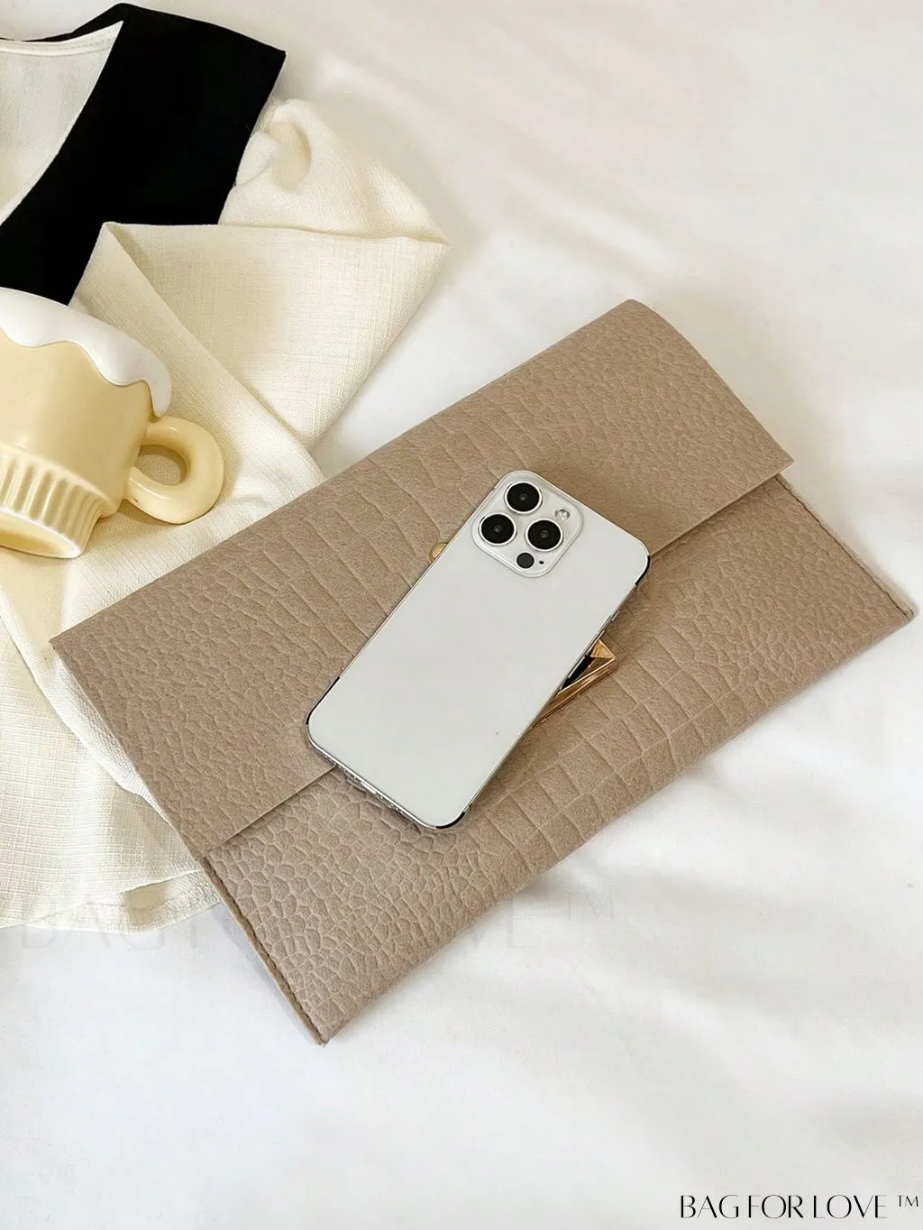 BagForLove - Khaki Crocodile-Embossed Envelope Bag with Metal Decor, Sleek and Stylish