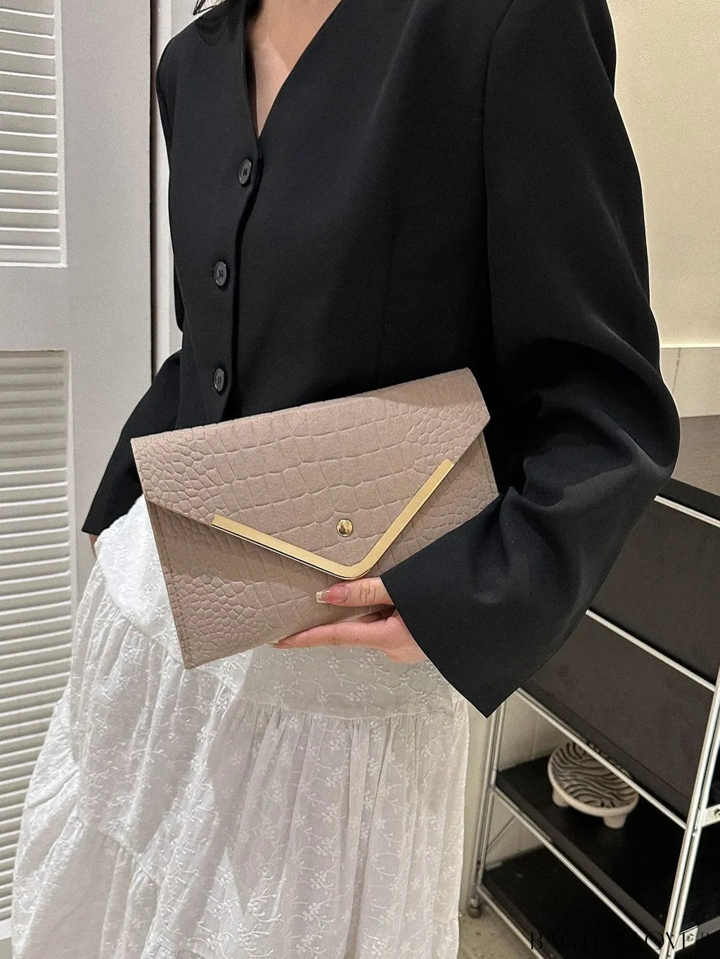 BagForLove - Metal Embellished Crocodile-Embossed Medium Envelope Bag