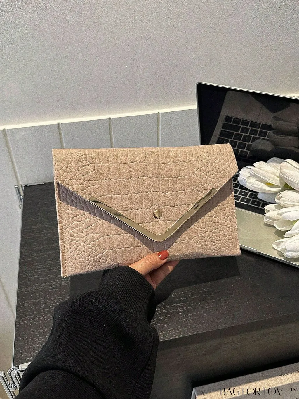 BagForLove - Metal Embellished Crocodile-Embossed Medium Envelope Bag