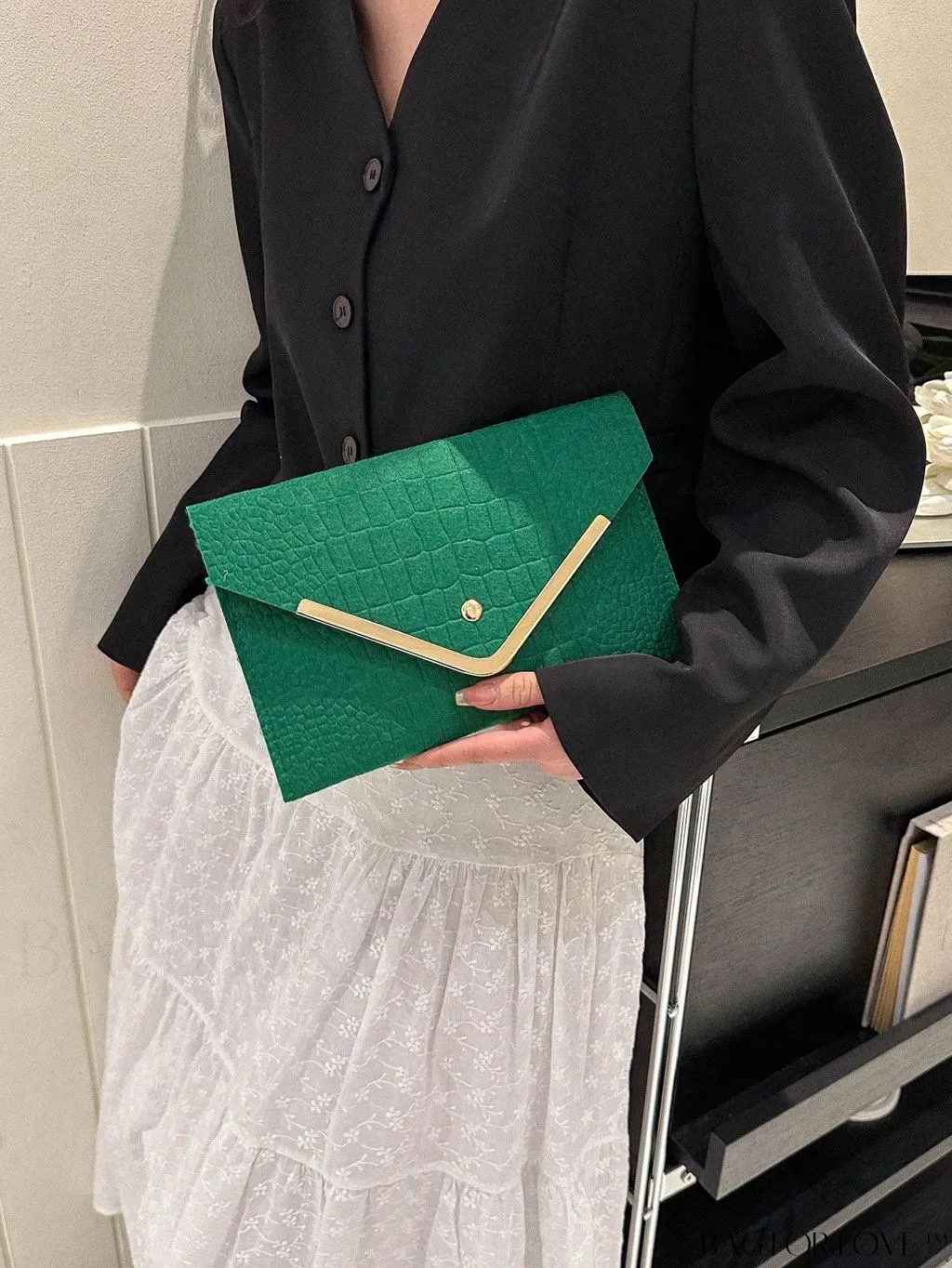 BagForLove - Metal Embellished Crocodile-Embossed Medium Envelope Bag