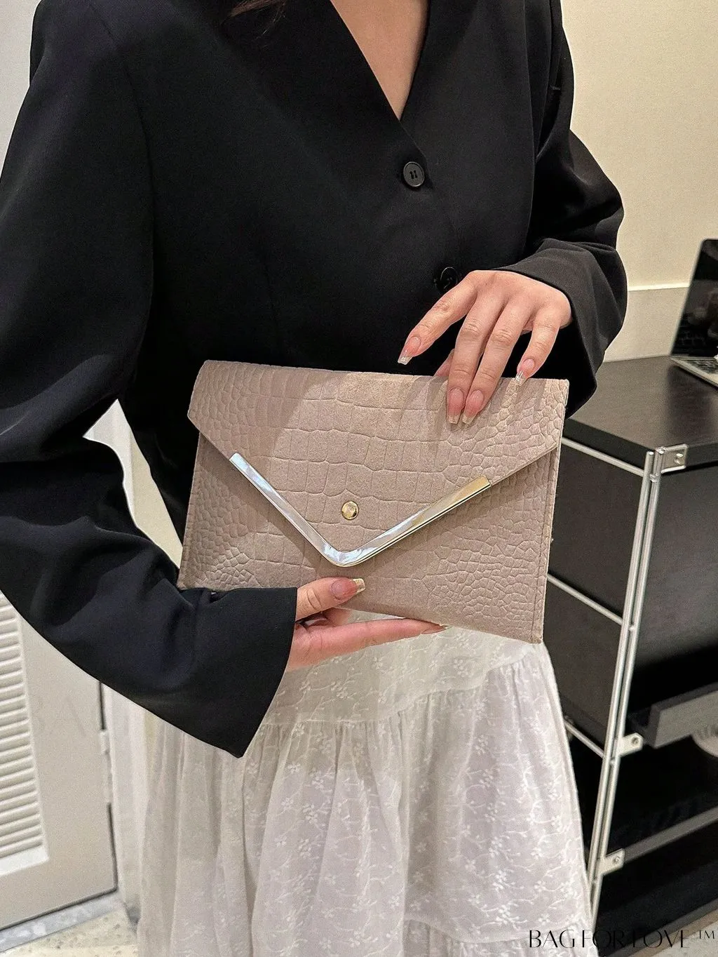 BagForLove - Metal Embellished Crocodile-Embossed Medium Envelope Bag