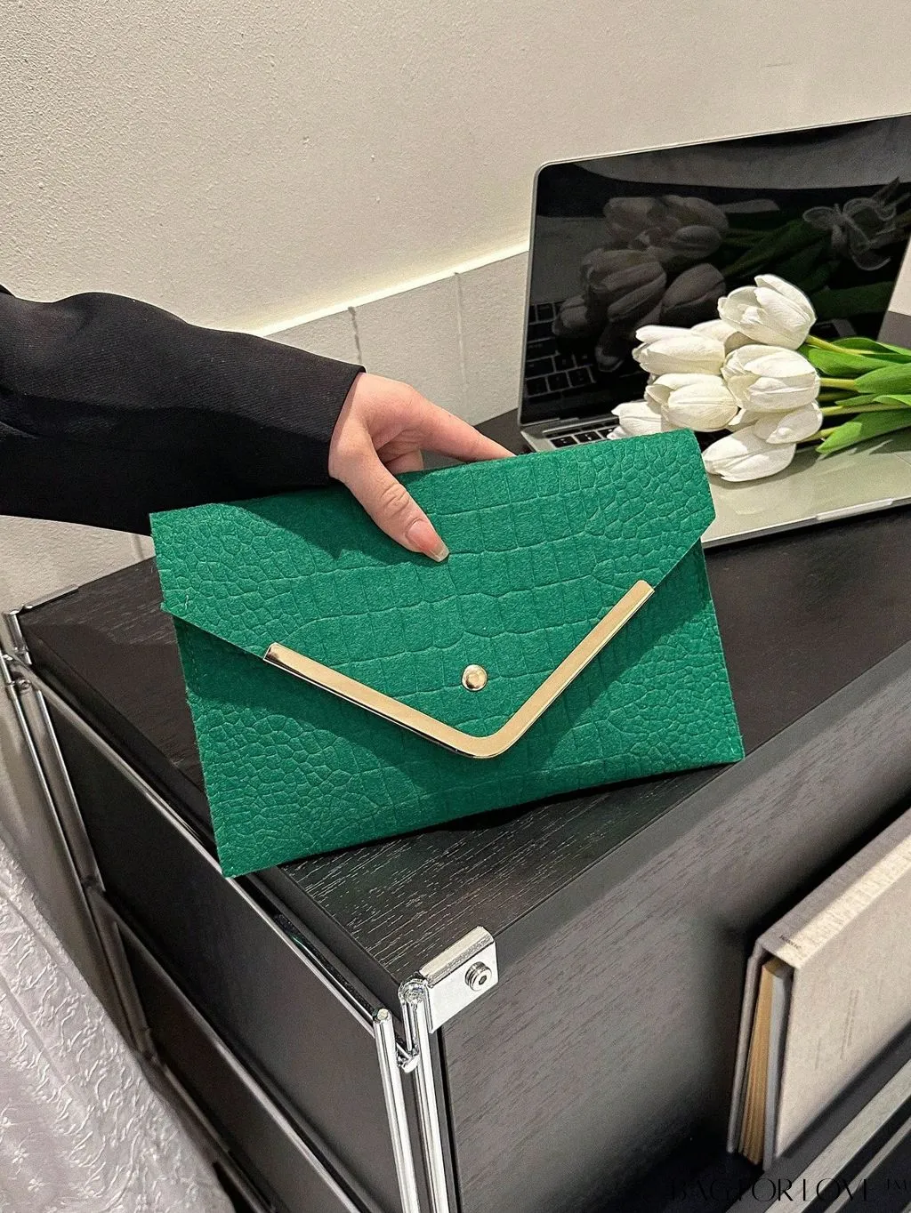 BagForLove - Metal Embellished Crocodile-Embossed Medium Envelope Bag