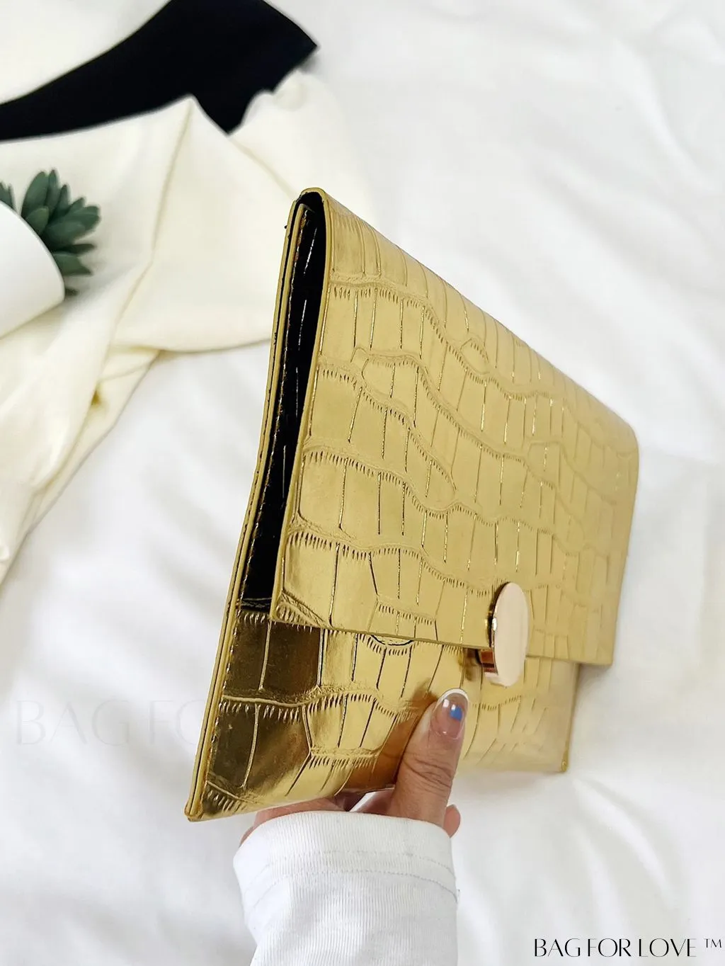 BagForLove - Metallic Crocodile Embossed Envelope Bag with Flap Design