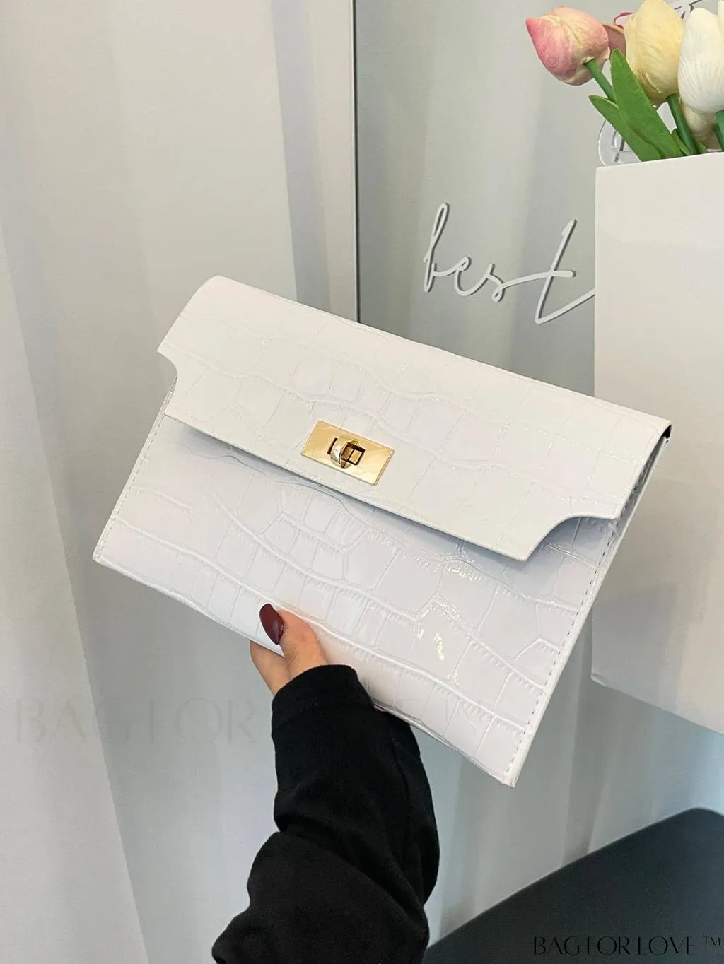 BagForLove - Womens Crocodile Print Envelope Clutch: Chic and Stylish.
