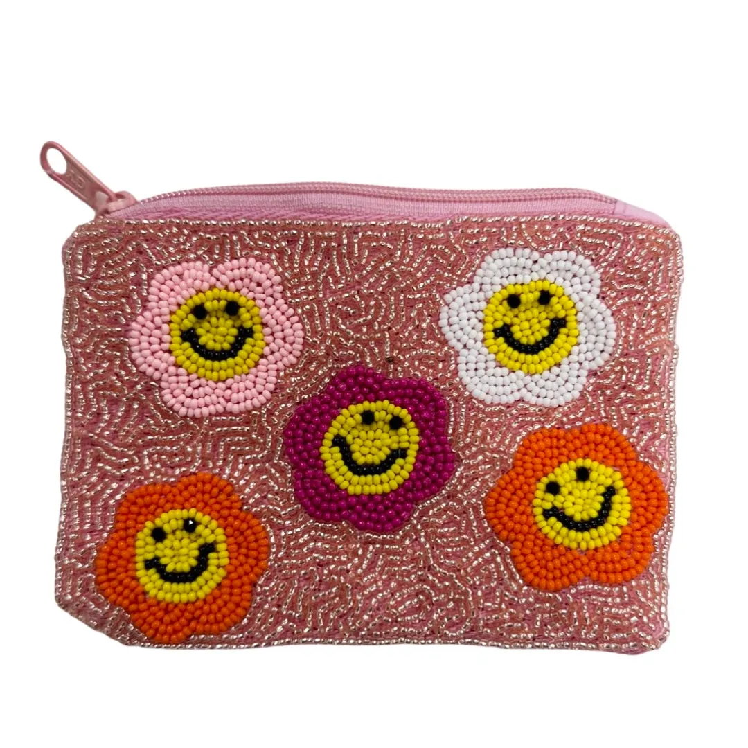 Beaded Smiley Flower Zipper Pouch