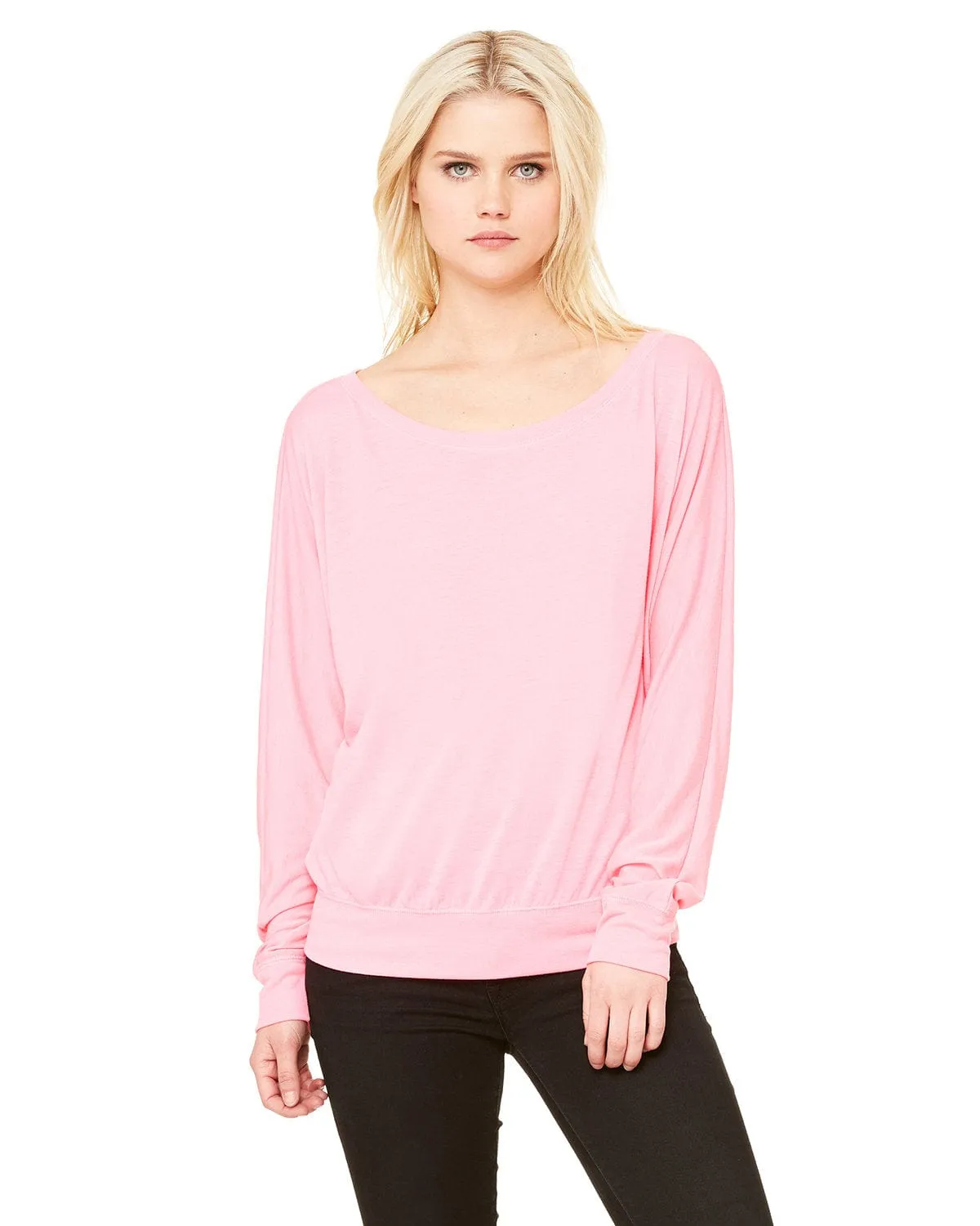 Bella Canvas Ladies Long Sleeve Off The Shoulder Top | Neon Pink