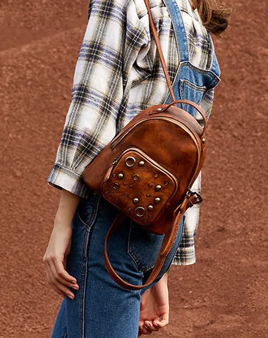 Best Vintage Rivet Leather Rucksack Bag Womens Small School Backpacks Leather Backpack Purse