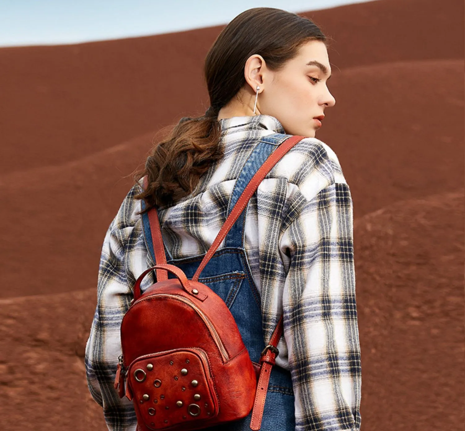 Best Vintage Rivet Leather Rucksack Bag Womens Small School Backpacks Leather Backpack Purse