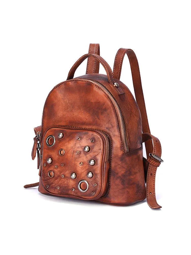 Best Vintage Rivet Leather Rucksack Bag Womens Small School Backpacks Leather Backpack Purse