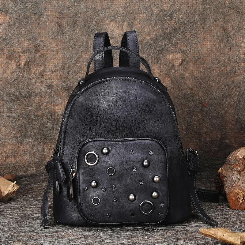 Best Vintage Rivet Leather Rucksack Bag Womens Small School Backpacks Leather Backpack Purse