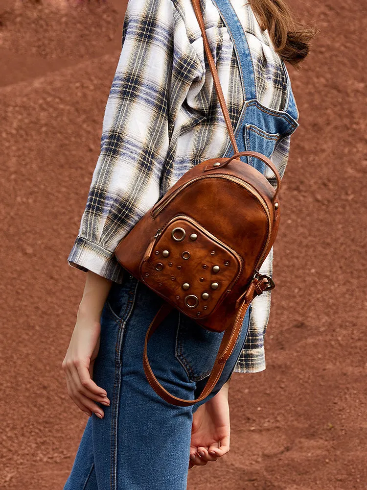 Best Vintage Rivet Leather Rucksack Bag Womens Small School Backpacks Leather Backpack Purse
