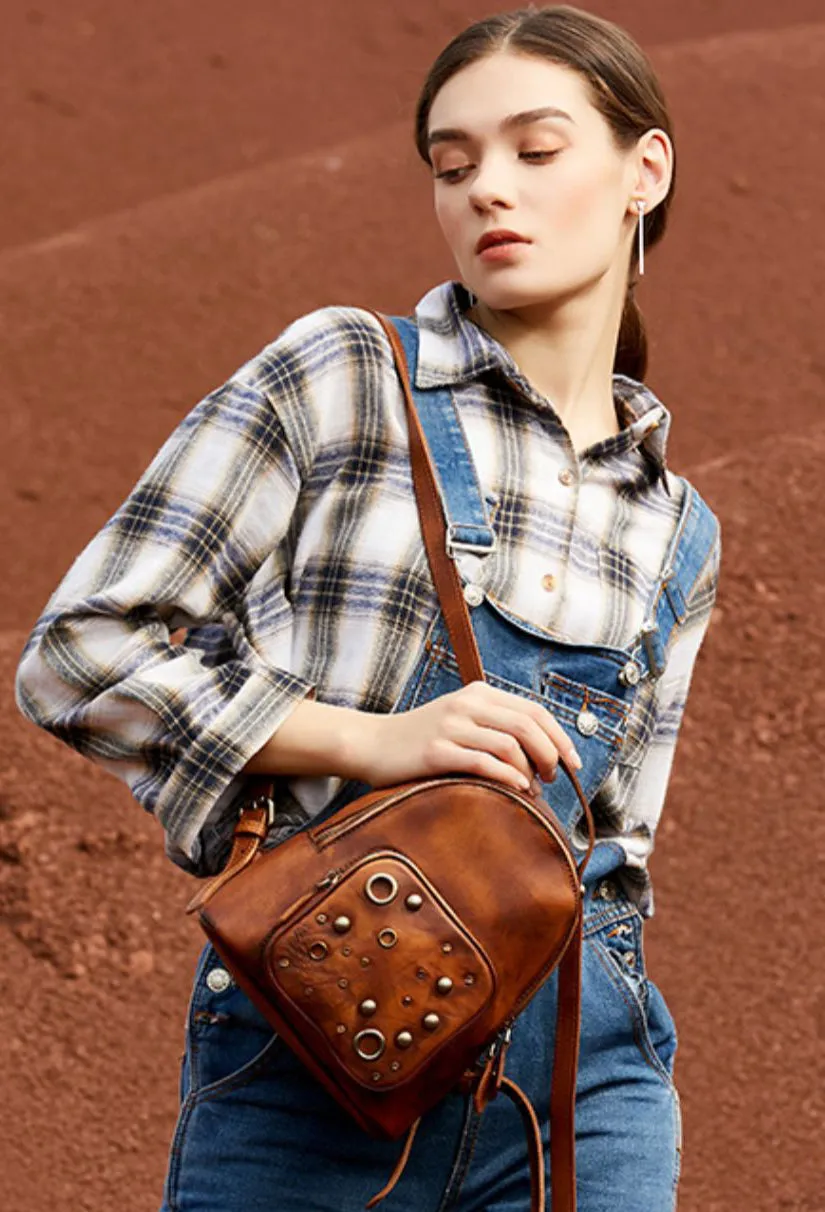 Best Vintage Rivet Leather Rucksack Bag Womens Small School Backpacks Leather Backpack Purse