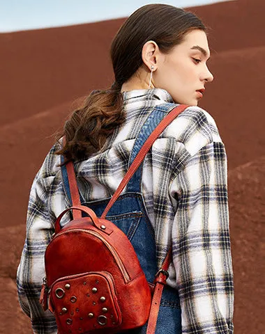 Best Vintage Rivet Leather Rucksack Bag Womens Small School Backpacks Leather Backpack Purse