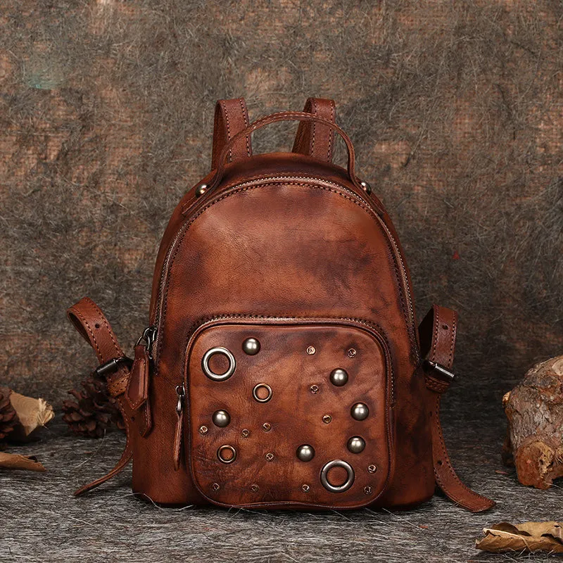 Best Vintage Rivet Leather Rucksack Bag Womens Small School Backpacks Leather Backpack Purse