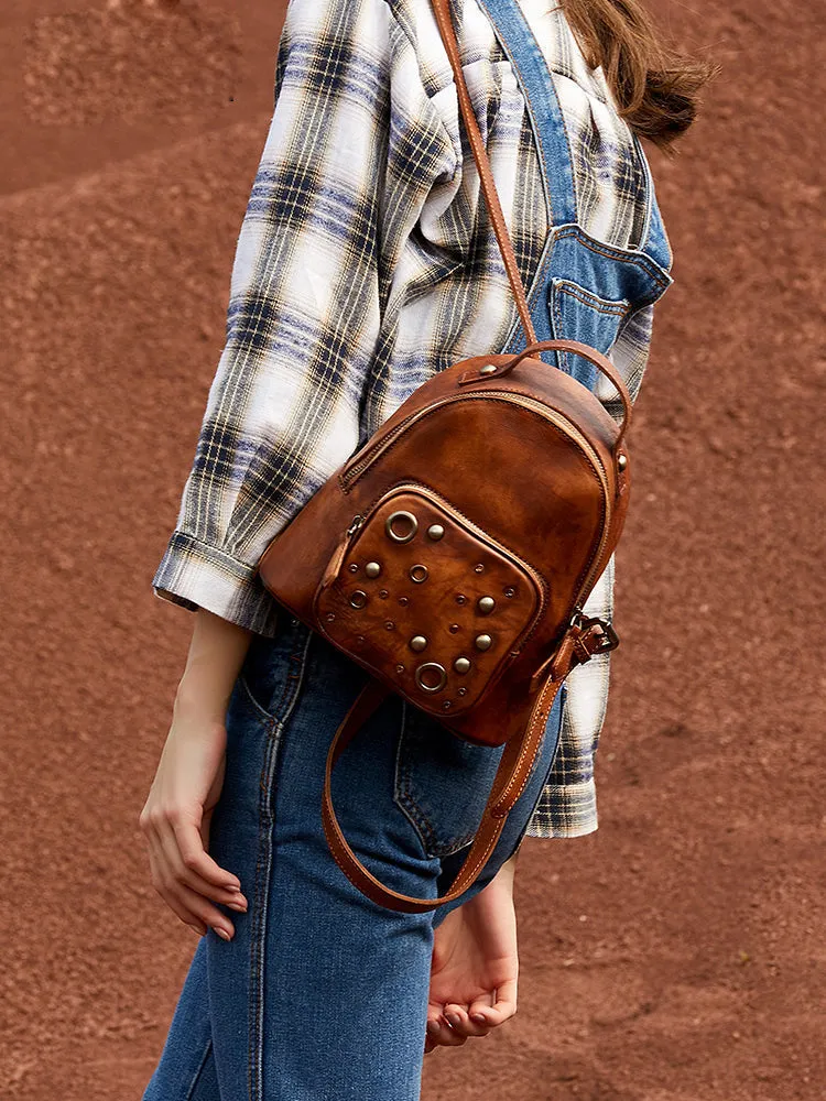 Best Vintage Rivet Leather Rucksack Bag Womens Small School Backpacks Leather Backpack Purse