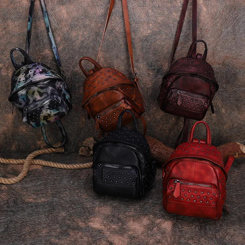 Best Vintage Rivets MIX Leather Rucksack Bag Womens Small School Rucksack Leather Backpack Purse