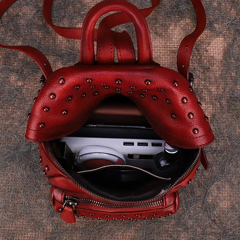 Best Vintage Rivets MIX Leather Rucksack Bag Womens Small School Rucksack Leather Backpack Purse