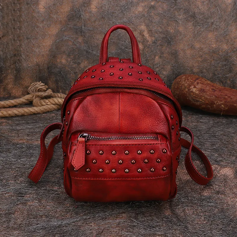 Best Vintage Rivets MIX Leather Rucksack Bag Womens Small School Rucksack Leather Backpack Purse
