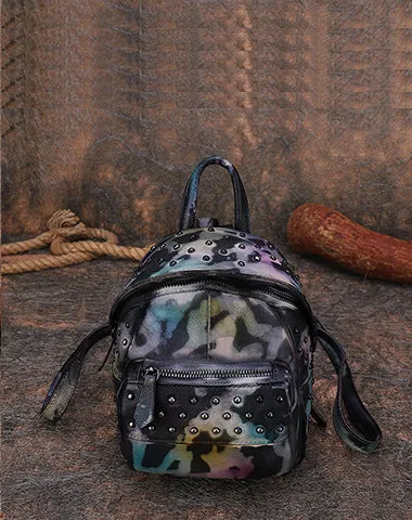 Best Vintage Rivets MIX Leather Rucksack Bag Womens Small School Rucksack Leather Backpack Purse