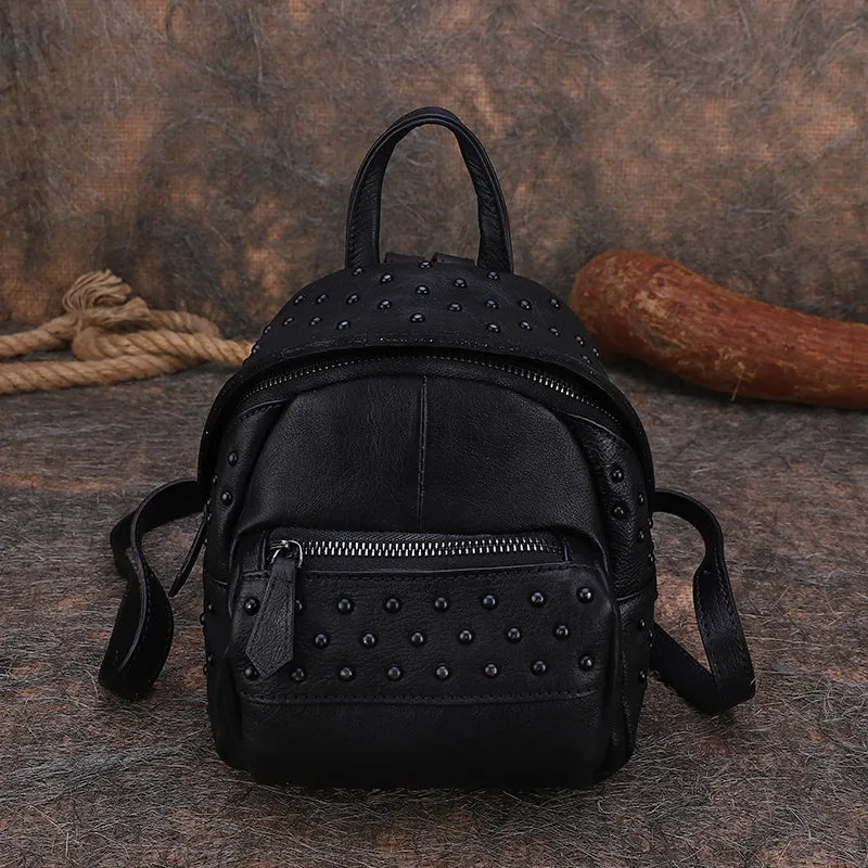 Best Vintage Rivets MIX Leather Rucksack Bag Womens Small School Rucksack Leather Backpack Purse