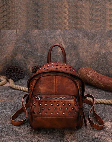 Best Vintage Rivets MIX Leather Rucksack Bag Womens Small School Rucksack Leather Backpack Purse