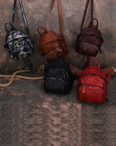Best Vintage Rivets MIX Leather Rucksack Bag Womens Small School Rucksack Leather Backpack Purse