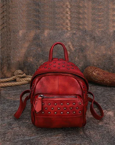 Best Vintage Rivets MIX Leather Rucksack Bag Womens Small School Rucksack Leather Backpack Purse