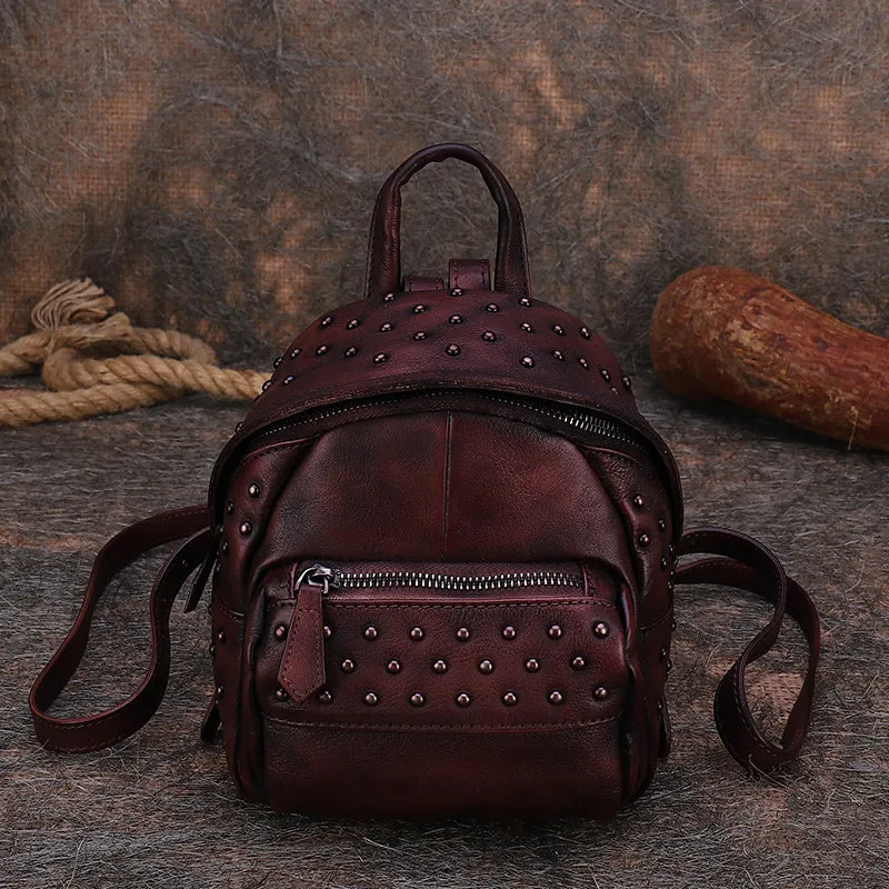 Best Vintage Rivets MIX Leather Rucksack Bag Womens Small School Rucksack Leather Backpack Purse