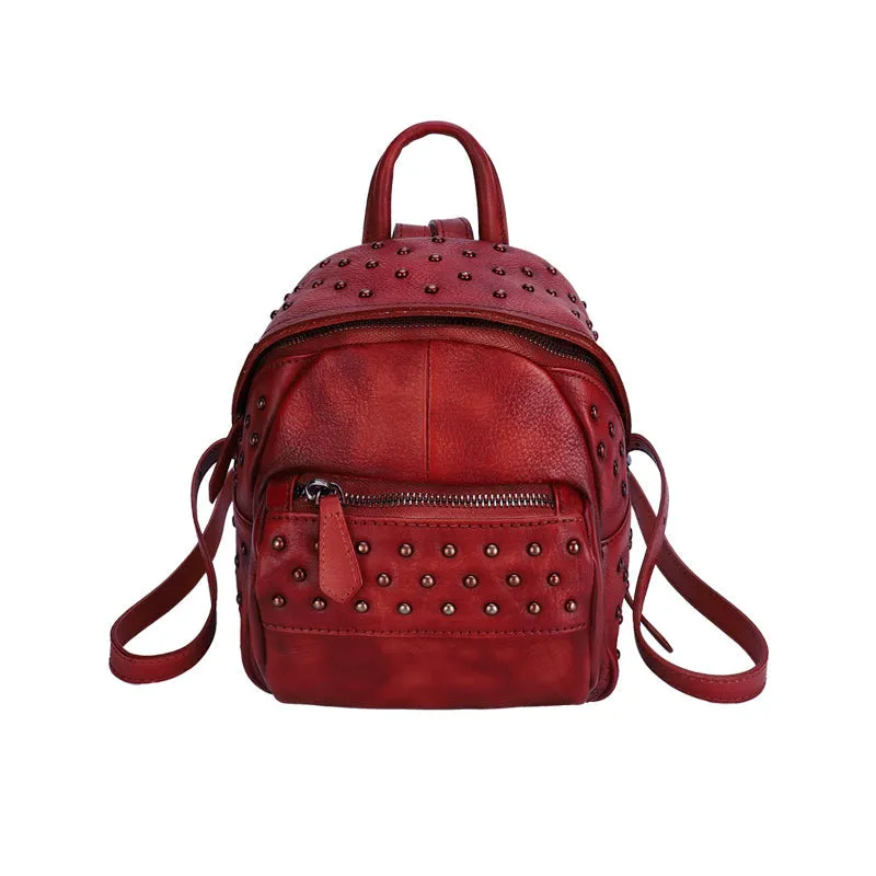 Best Vintage Rivets MIX Leather Rucksack Bag Womens Small School Rucksack Leather Backpack Purse