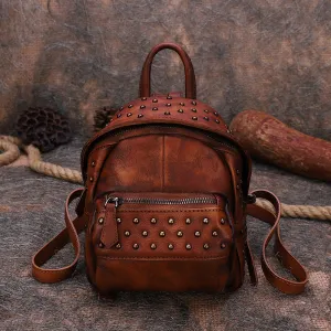 Best Vintage Rivets MIX Leather Rucksack Bag Womens Small School Rucksack Leather Backpack Purse