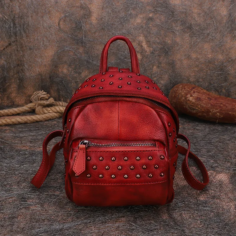 Best Vintage Rivets MIX Leather Rucksack Bag Womens Small School Rucksack Leather Backpack Purse