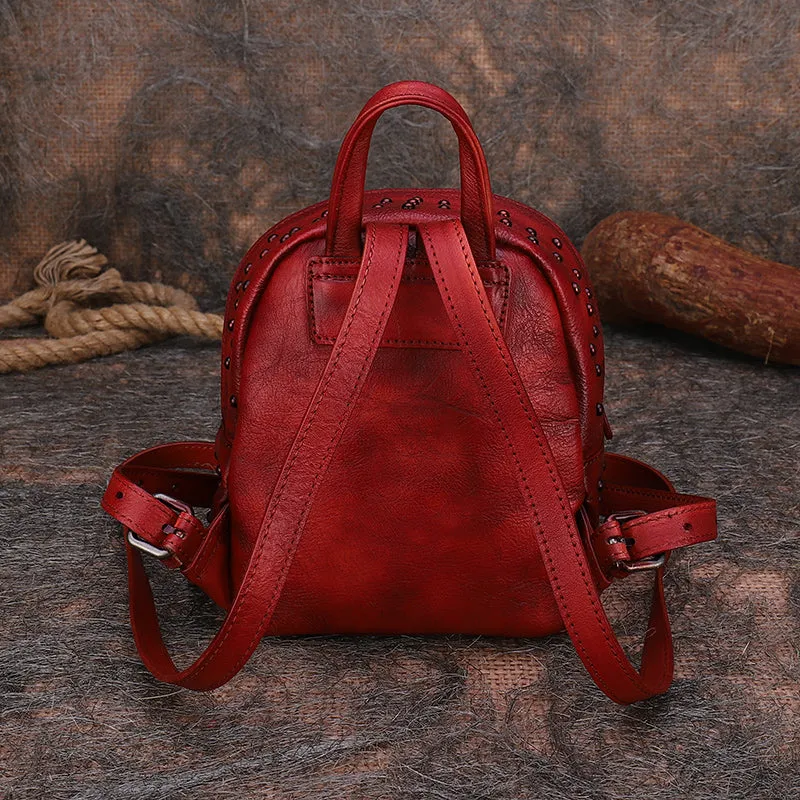 Best Vintage Rivets MIX Leather Rucksack Bag Womens Small School Rucksack Leather Backpack Purse