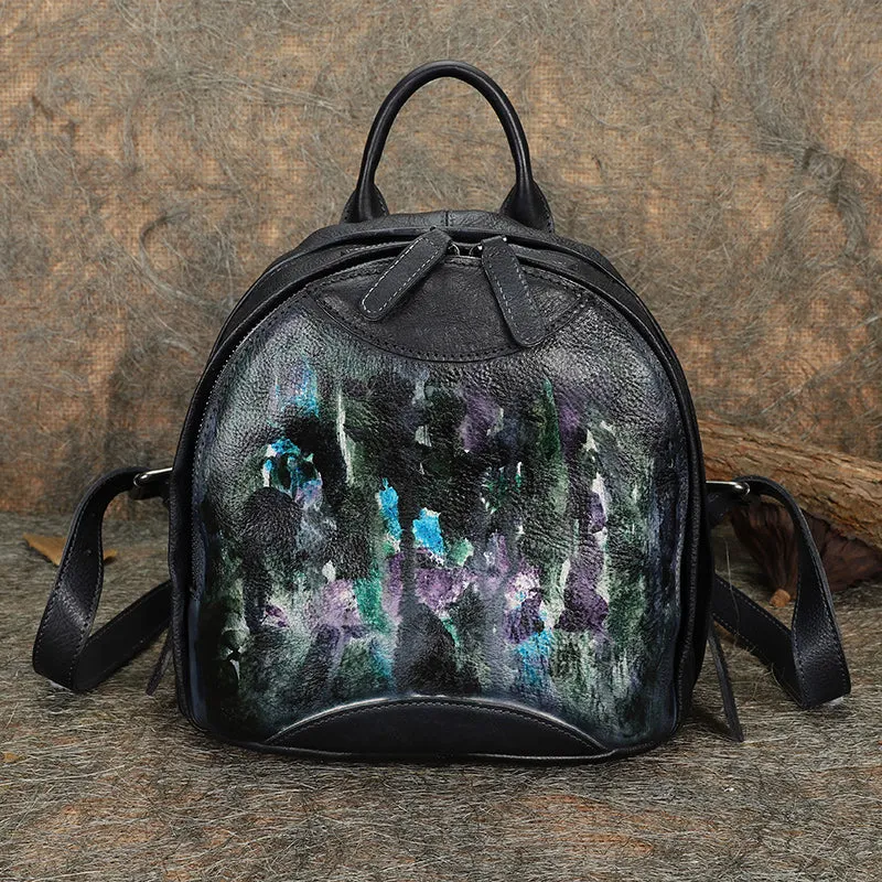Best Watercolour Leather Rucksack Bag Womens Vintage Small School Backpacks Leather Backpack Purse