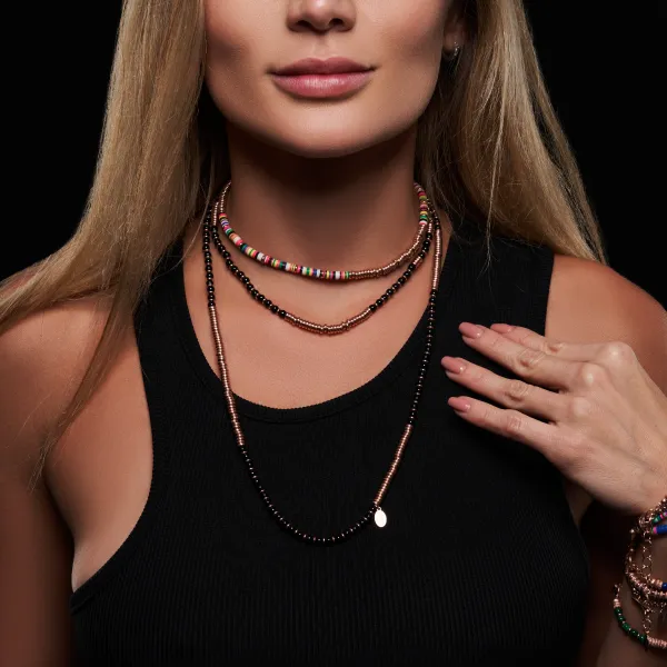 Black Agata Stone Beaded Necklace with 18K Rose Gold beads