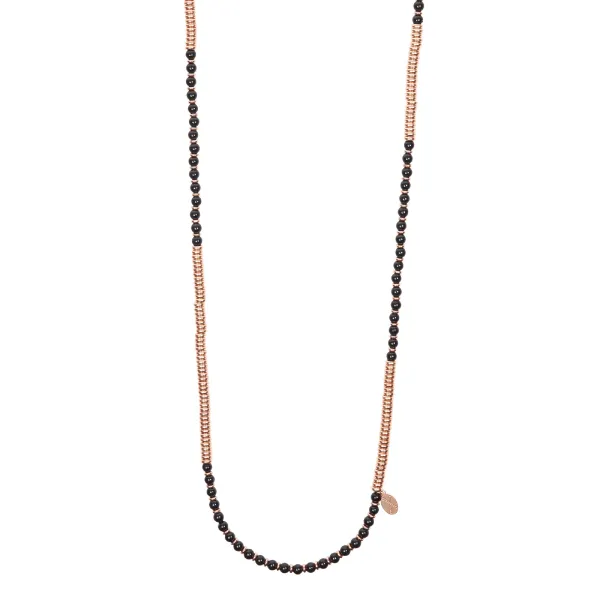 Black Agata Stone Beaded Necklace with 18K Rose Gold beads