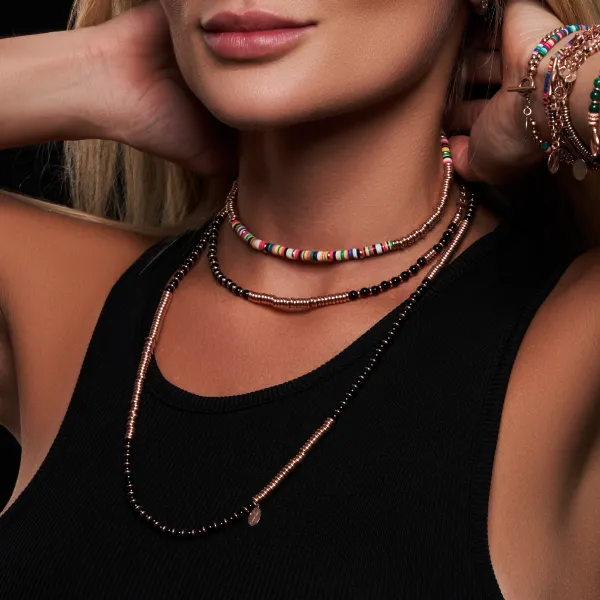 Black Agata Stone Beaded Necklace with 18K Rose Gold beads