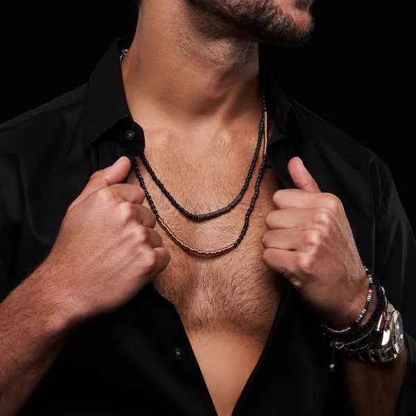 Black Agata Stone Beaded Necklace with Black PVD beads