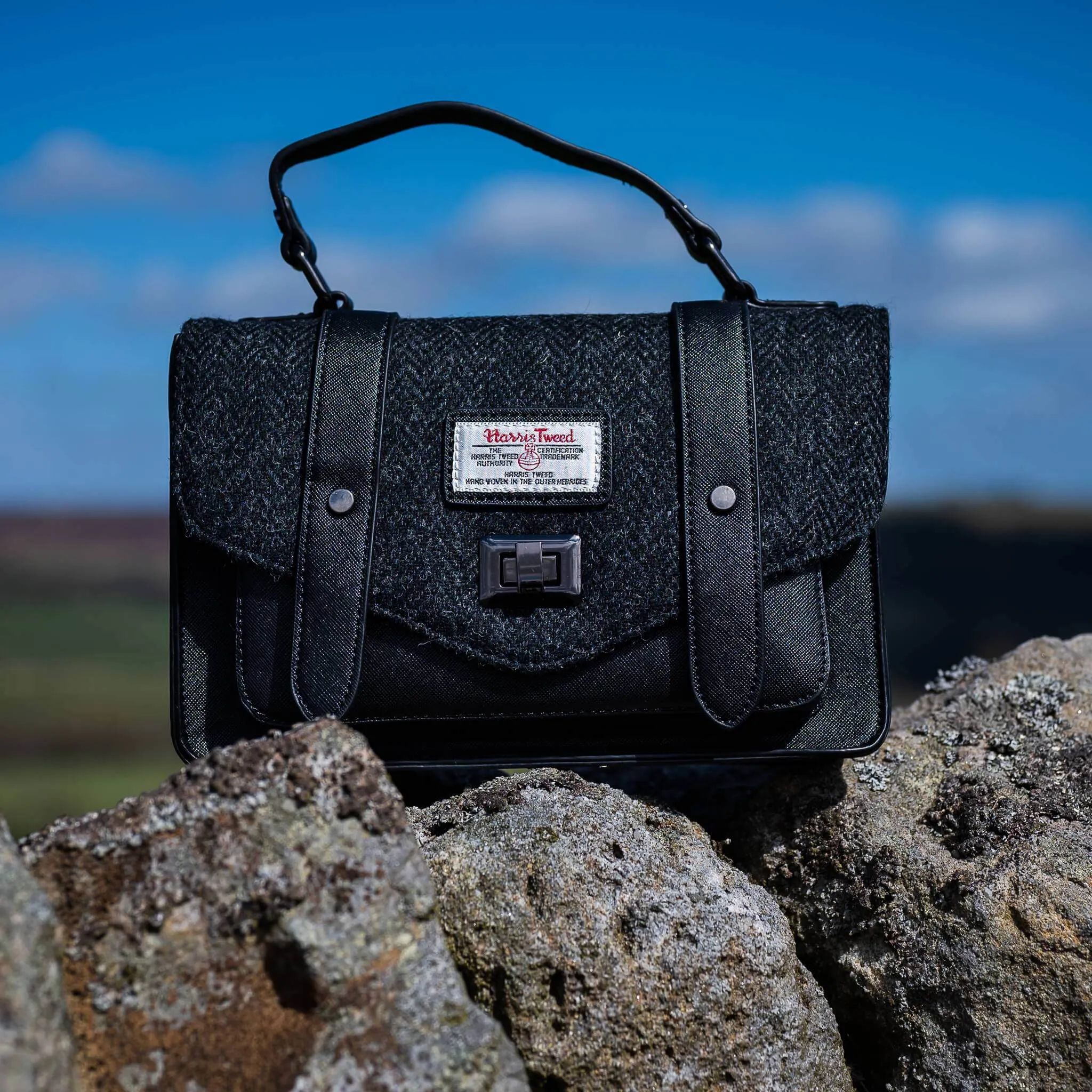Black Herringbone Satchels with Harris Tweed®