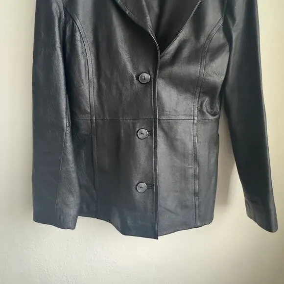 Black Leather Jacket Worthington Tailored Mid Length Classic Minimalist Blazer S