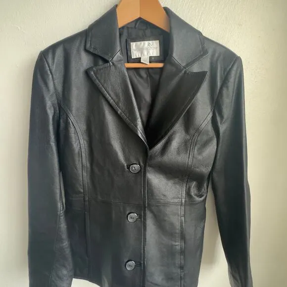 Black Leather Jacket Worthington Tailored Mid Length Classic Minimalist Blazer S