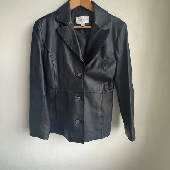 Black Leather Jacket Worthington Tailored Mid Length Classic Minimalist Blazer S