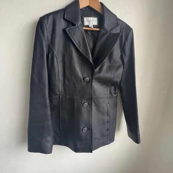 Black Leather Jacket Worthington Tailored Mid Length Classic Minimalist Blazer S