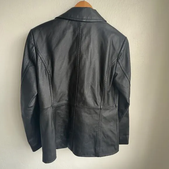 Black Leather Jacket Worthington Tailored Mid Length Classic Minimalist Blazer S