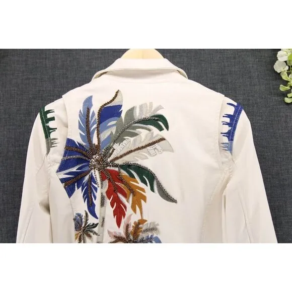 BLANK NYC Women's Vegan Faux Leather Embroidered Palm Tree Moto Jacket Sz S