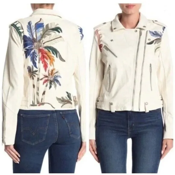 BLANK NYC Women's Vegan Faux Leather Embroidered Palm Tree Moto Jacket Sz S