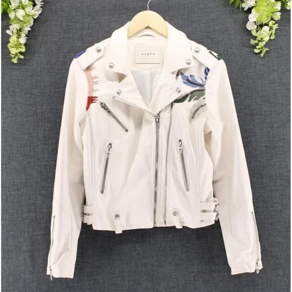 BLANK NYC Women's Vegan Faux Leather Embroidered Palm Tree Moto Jacket Sz S