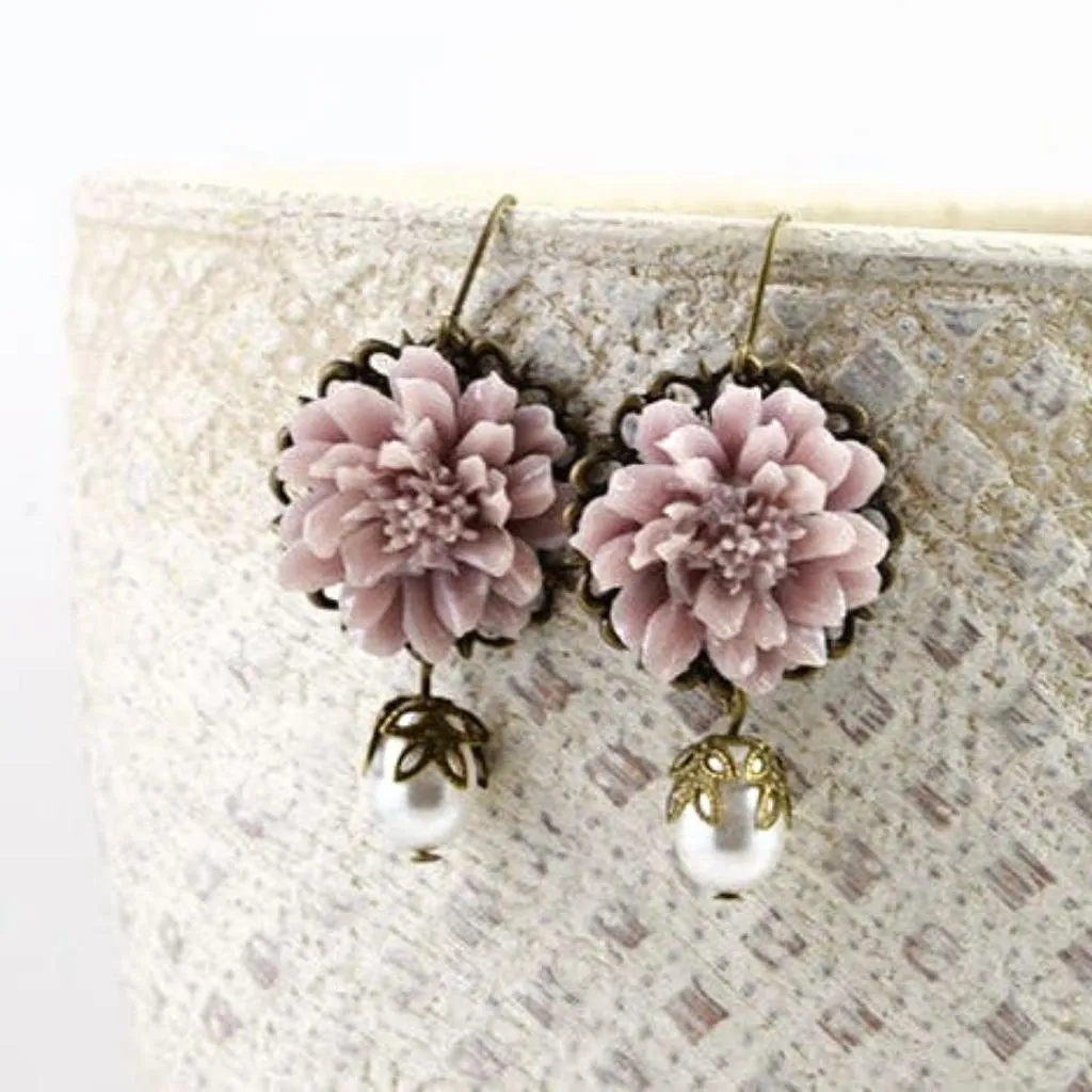 Bronze Drop Earrings With Dusty Pink Lotus Flower & Swarovski Pearl